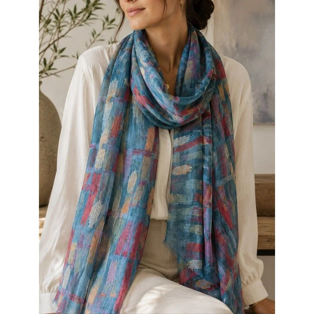 Vintage Multicolor Boho Abstract Scarf Wrap 54x40 Textured Raw Silk Feel Ethnic